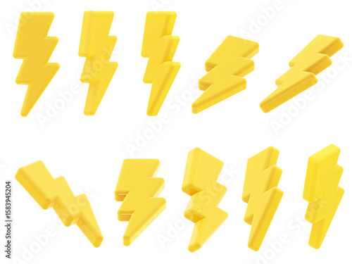 Set of 10 vector 3D rendering cartoon style lightning bolts, displayed from different angles. Modern glossy plasticine style icon, isolated. Yellow flash sign. 