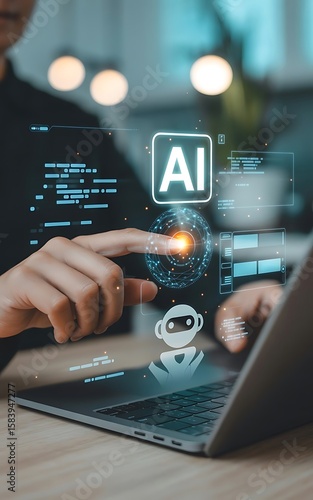 AI machine learning chatbot technology assisting users with automated virtual communication. Futuristic interface artificial intelligence enabling smart conversation and solutions customer support. AI
