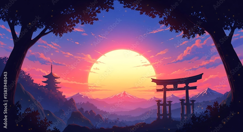 Fototapeta premium Anime-style landscape with a vibrant sunset over mountains, featuring a Torii gate and pagoda. Trees frame the scenic view with purple and orange hues.