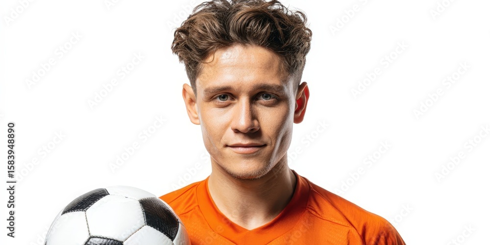 Young Soccer Player Celebrating Victory with Ball in Orange Uniform Young Soccer Player Celebrating Victory with Ball in Orange Uniform