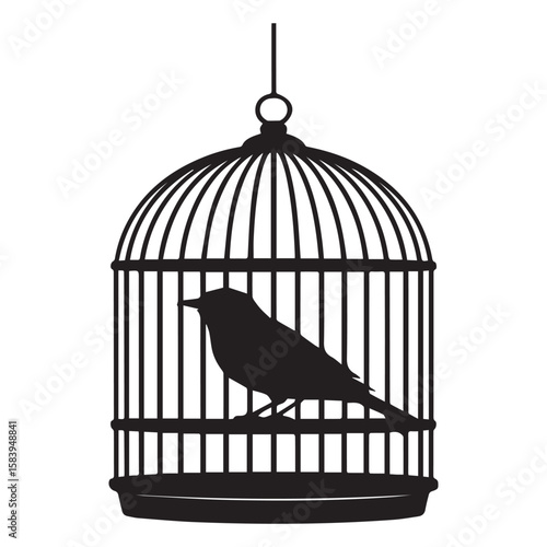 A bird sits perched inside an ornate birdcage, a stark black silhouette isolated on white background, evoking themes of captivity and freedom