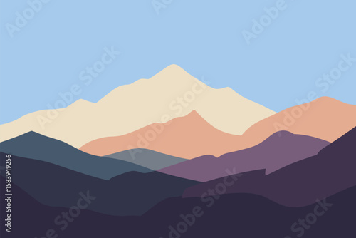 Serene mountain range art in muted tones presents a calming vista with layered peaks beneath a bright sky.