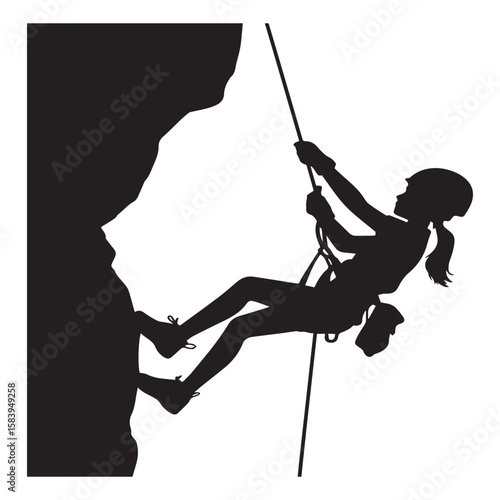 A silhouette of a woman is rock climbing, scaling a mountain with determination and strength, isolated on white background