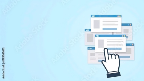 Targeted contextual ppc advertising or banner online ads concept. Contextual Digital Marketing, Behavioral Targeting or Retargeting illustration. Cursor icon clicks on advertisement