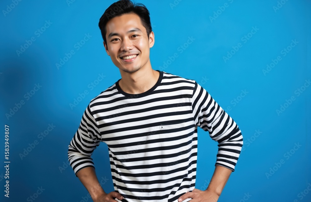 Obraz premium Young Asian man in black and white striped shirt poses with hands on hips. He wears black pants against a clean blue studio background. Confident expression, relaxed posture, bright studio lighting.