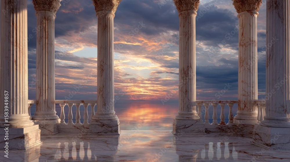 Fototapeta premium Serene ocean sunset view from marble colonnade architecture