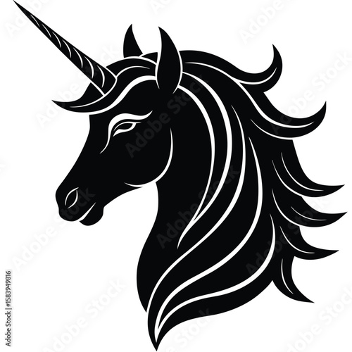  unicorn head in side profile, featuring a long spiral horn, flowing mane, and graceful facial features, minimalist vector illustration isolated on white background