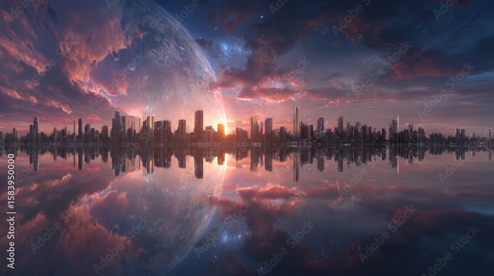 Obraz premium Surreal cityscape reflection with giant planet and sunset colors