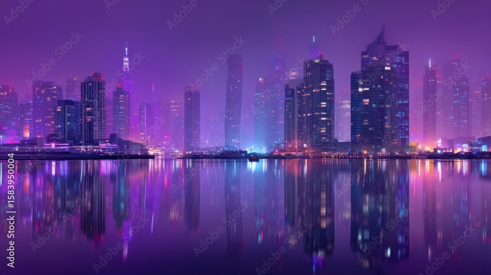Fototapeta premium Purple cityscape at night skyscrapers reflection on water