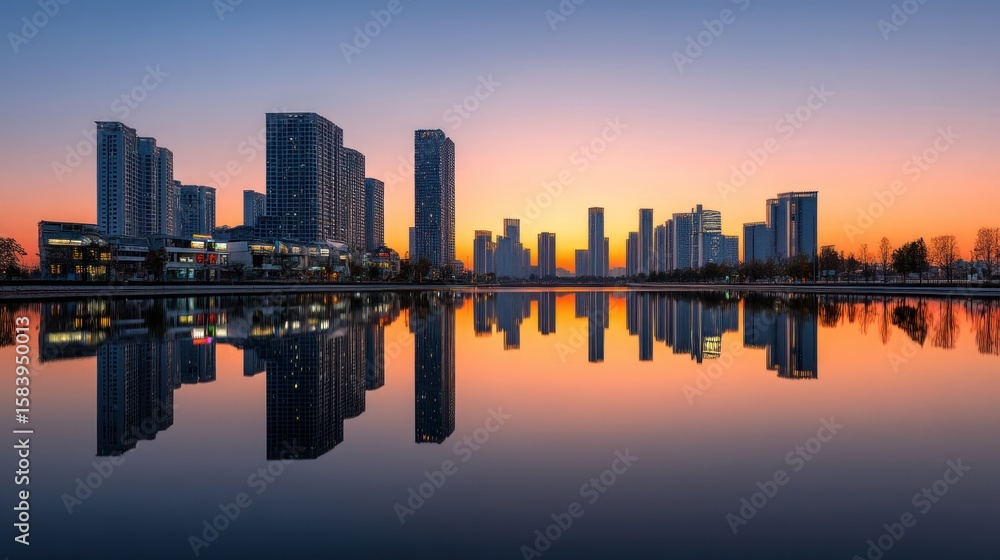 Fototapeta premium Stunning cityscape reflection at sunset modern architecture urban skyline panorama