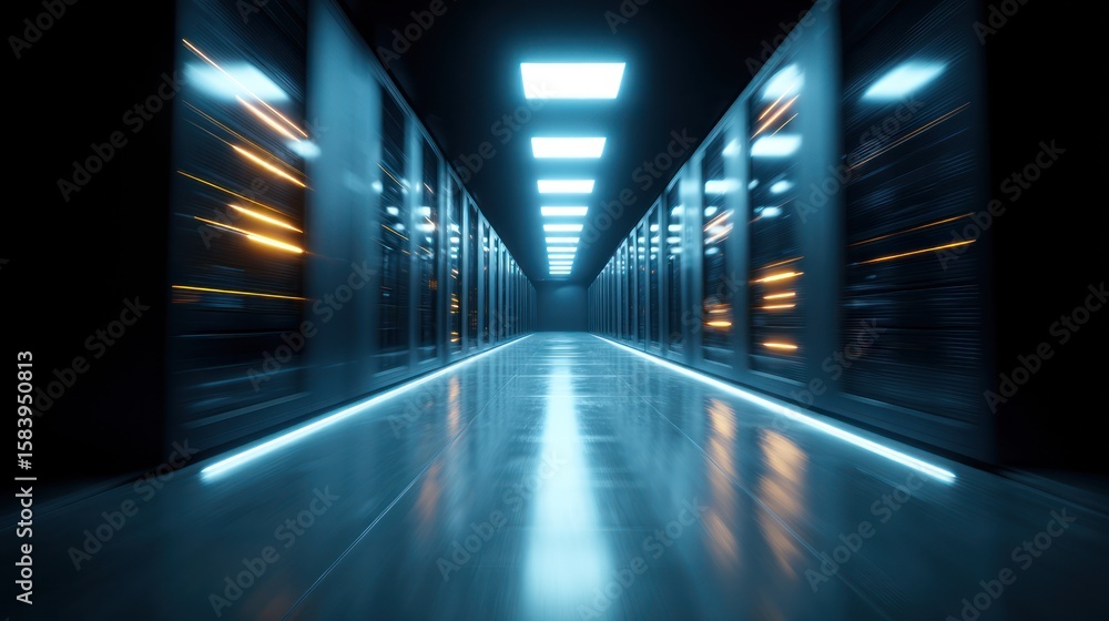 Futuristic server room corridor with neon lights high tech data center interior Futuristic server room corridor with neon lights high tech data center interior