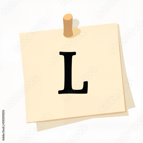 Letter L on a sticky note with a wooden pin on white background  