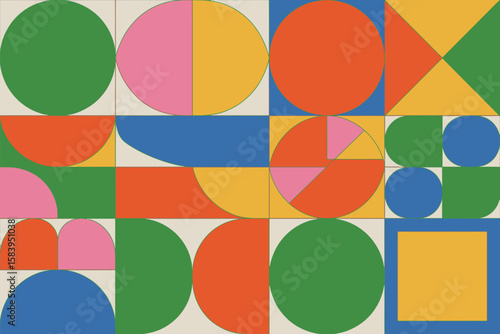 Wallpaper Mural Retro geometric background showcases colorful shapes, circles, squares, and triangles in a seamless, minimalist vintage style. Torontodigital.ca