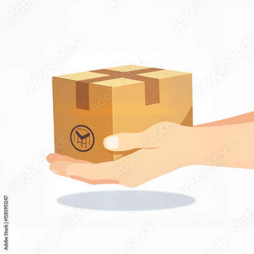 Hand holding a delivery package with logo on light background  