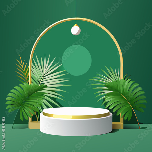 White product podium with green tropical palm leaves and golden round arch on green wall