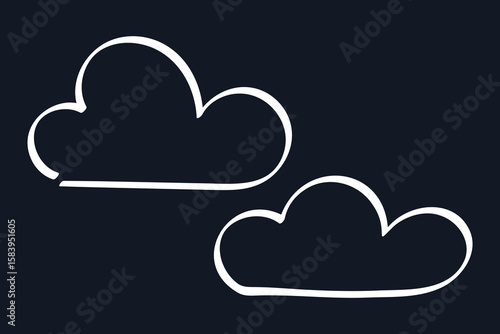 Doodle Chalk Clouds on black background. Children contour cumulus cloud. Hand drawn Puff. Nimbus, overcast. Linear comic element sky, cloudy weather. Chalkboard. Isolated drawing. Vector illustration