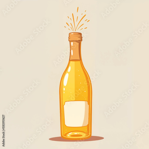 Sparkling bottle of champagne with cork popping and bubbles  