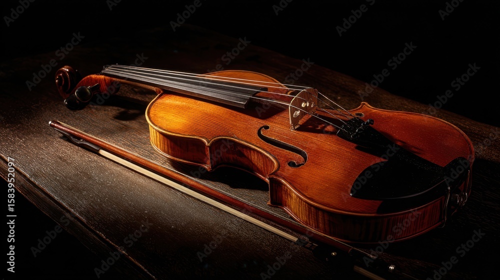 Fototapeta premium The elegant wooden violin illuminated in soft light on a dark background.