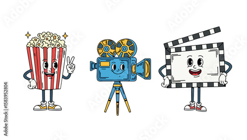 Stylized drawing featuring movie-related characters. Anthropomorphic popcorn, vintage film camera, and groovy movie poster in bold, colorful retro style.