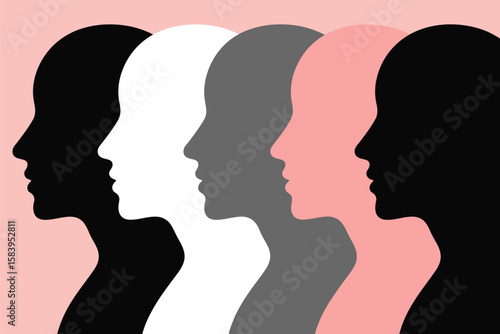 Diverse faces of humanity are illustrated in silhouette, showcasing unity, inclusion, and connection with abstract artistic style.