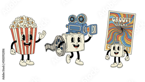 Fun illustration with animated cinema-themed characters. Popcorn bucket, film projector, and cinema poster in retro cartoon style with cheerful expressions.