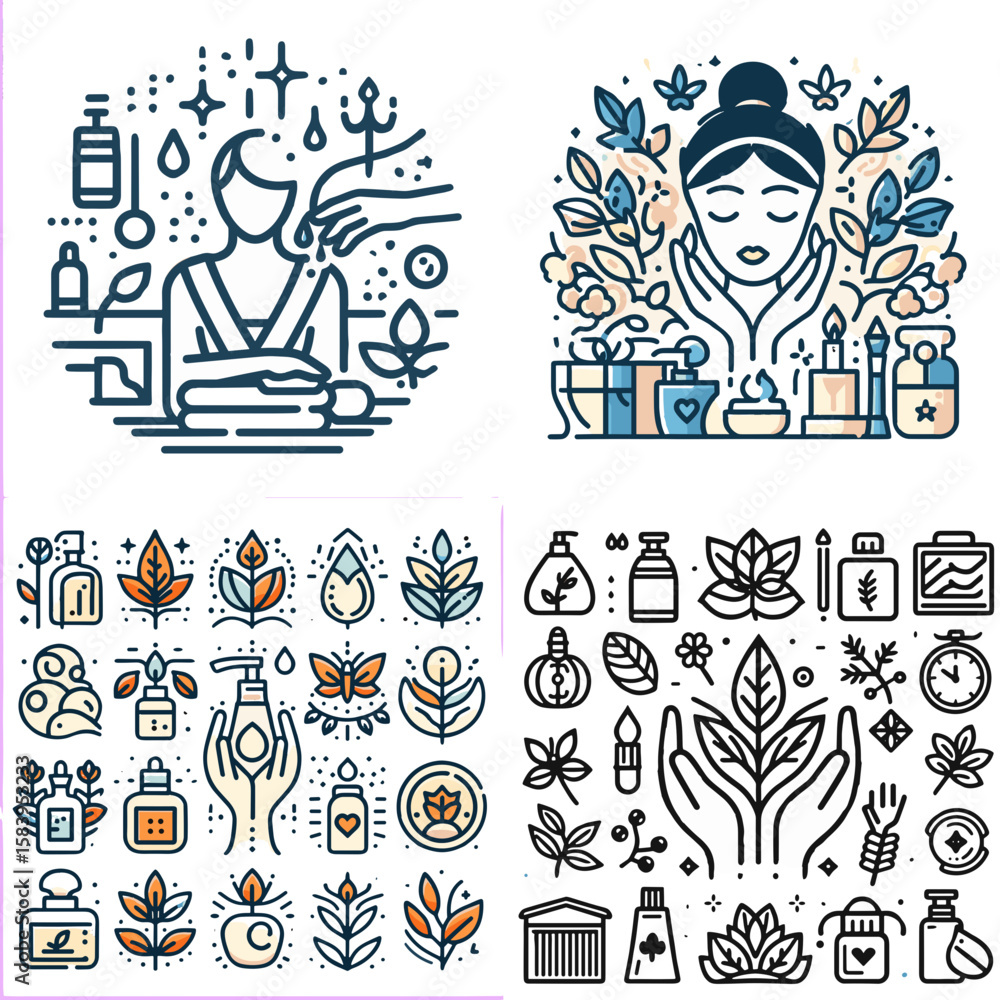 Naklejka premium Spa and skincare illustrations with natural elements and cosmetics