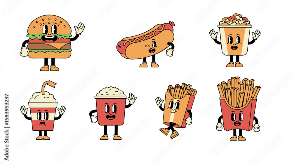 Fototapeta premium Whimsical fast food mascots with fun expressions. Retro-inspired design of smiling snacks like fries, burgers, and drinks, ideal for branding or children's designs.