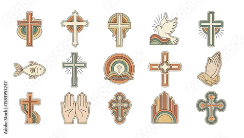 Set of Christian vector icons featuring crosses, doves, praying hands, fish, and spiritual symbols. Clean, minimal line art with soft colors for religious and inspirational designs.