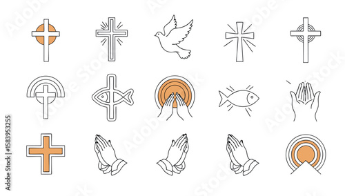 Beautiful collection of faith-based illustrations. Includes various cross styles, peaceful doves, prayer hands, and spiritual icons in modern, elegant line art style.