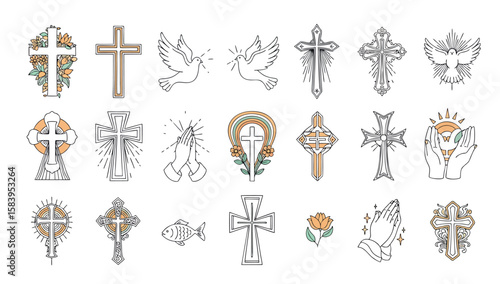 
Christian icon set with religious symbols like crosses, praying hands, and doves. Minimalist and spiritual illustrations ideal for devotionals, cards, and faith-based content.