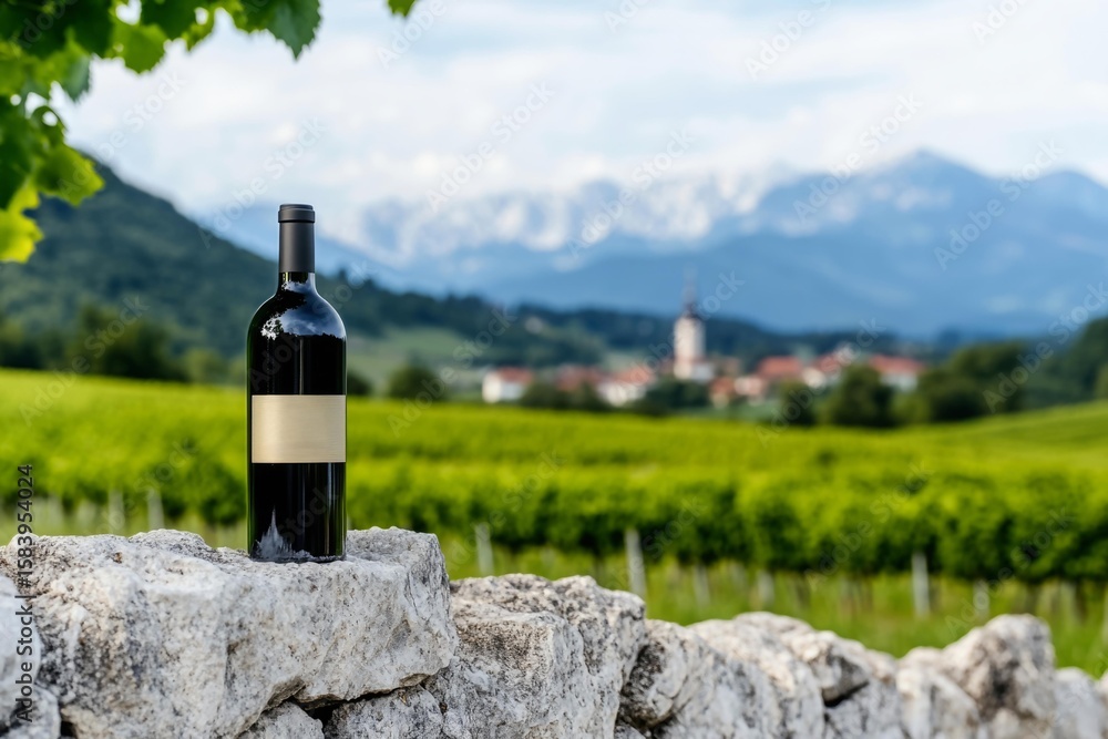 Wine bottle mockup on stone wall with Balkan vineyard background and picturesque mountain view Wine bottle mockup on stone wall with Balkan vineyard background and picturesque mountain view