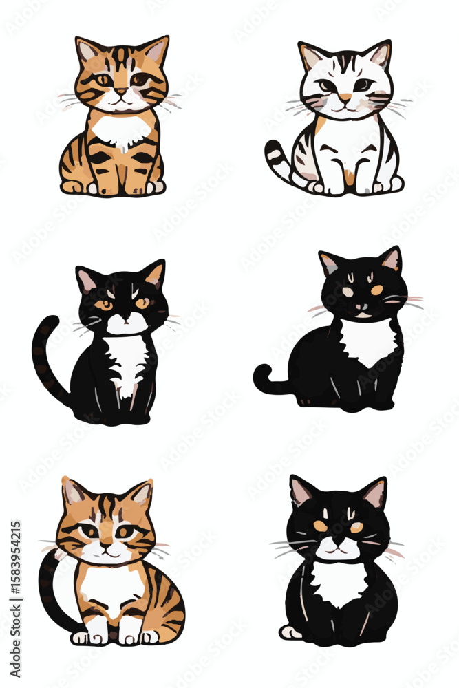 Fototapeta Set of Funny Cats in Line Drawing Styl