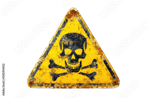 Yellow triangular sign. Grungy style danger sign with skull and cross bones. Rusty. Warning. Caution. Hazard. Danger. Worn out on white background