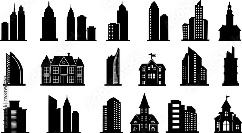 Building silhouette clipart bundle design, Building icon vector Illustration, Apartment illustration, architecture logo. Building vector illustration.