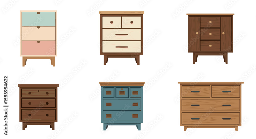 Illustration showcasing six different styles of wooden dressers with various drawer configurations and colors on transparent background Illustration showcasing six different styles of wooden dressers with various drawer configurations and colors on transparent background