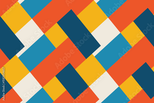 Retro geometric pattern design features rectangles and squares in orange, blue, yellow, and white for an eye-catching backdrop.