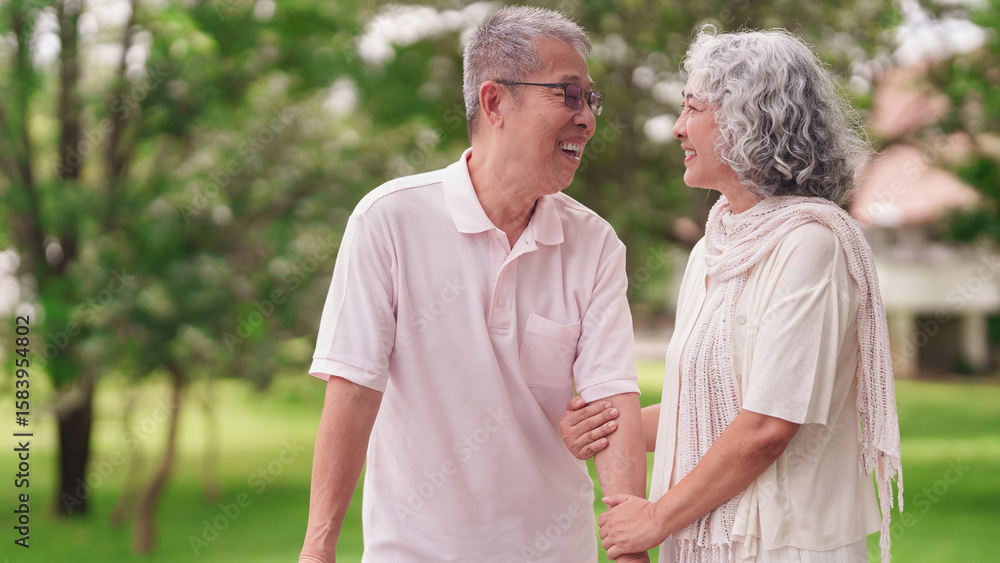 Happy Asian elderly couple enjoying retirement lifestyle walking arm in arm together in a peaceful green park outdoors Happy Asian elderly couple enjoying retirement lifestyle walking arm in arm together in a peaceful green park outdoors