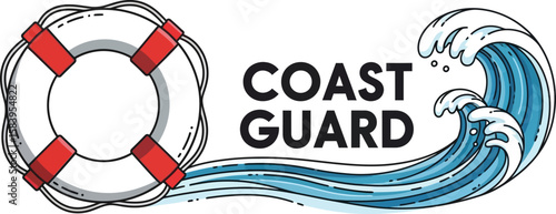 Stylized illustration of a life preserver and a crashing wave with the words coast guard
