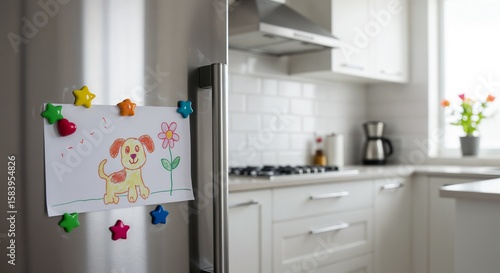 Child’s drawing stuck to the refrigerator door with magnets, homey atmosphere, bright interior, family setting, modern kitchen in a new home