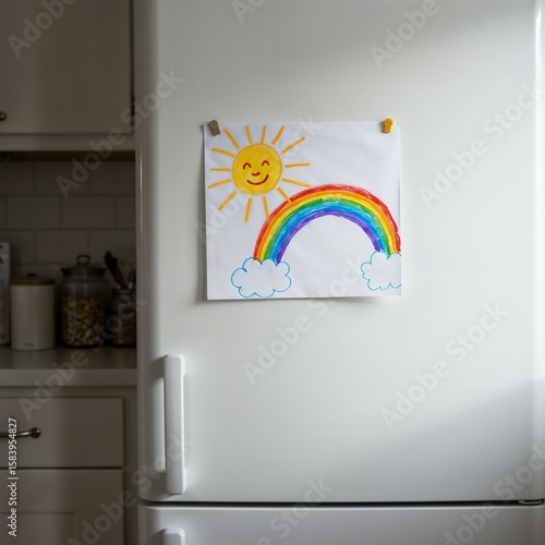 Child’s drawing attached to a white fridge, homey atmosphere, bright interior, family setting, interior of a modern kitchen with a refrigerator