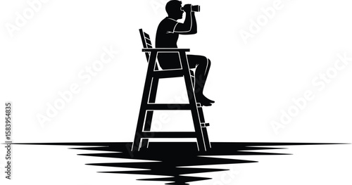 Silhouette of a lifeguard sitting on a high chair looking through binoculars with 4th auguest