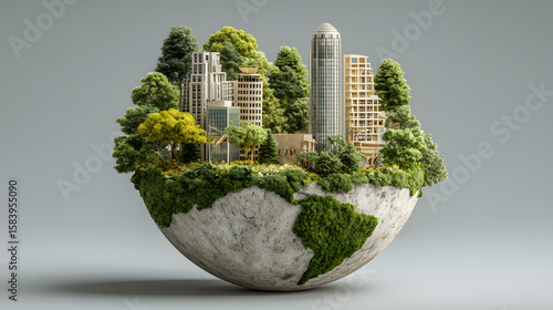 Miniature Earth with green city and trees globe buildings