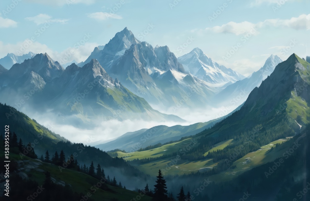 Fototapeta premium Mountain range with snow-capped peaks against clear blue sky with white clouds. Rich green valley with trees below. Realistic rendering with high detail makes mountains, valley, landscape appear