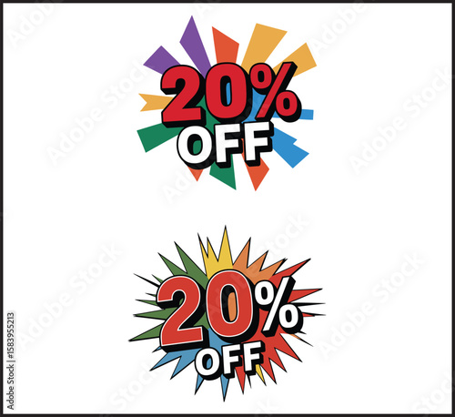 20% Off Discount Sale Badges with Colorful Burst Design