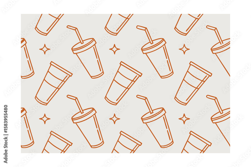 Obraz premium Orange line art Pattern drink cups with straws star shapes on a light gray vector