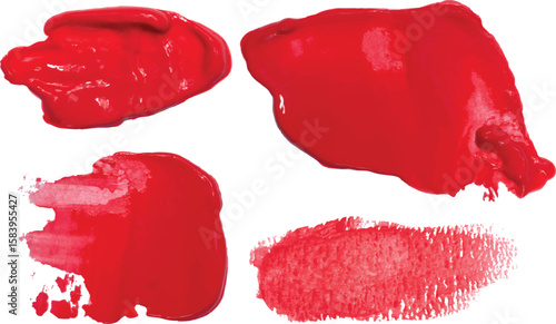 Several strokes and blots of bright red thick paint of various shapes and textures on an isolated background