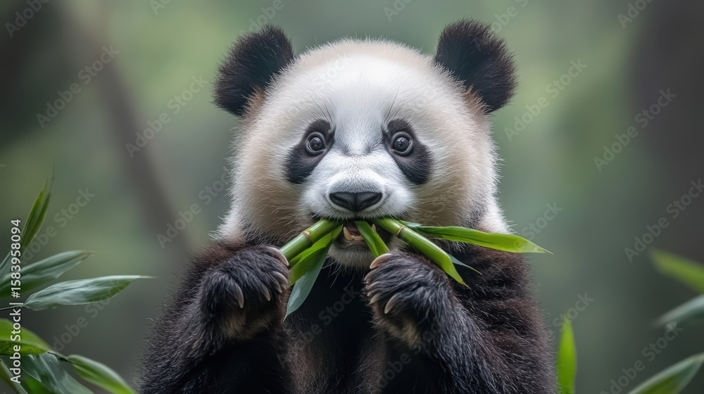 Fototapeta premium A close-up of a giant panda eating fresh bamboo, showcasing its distinctive black and white fur and round face in a natural green environment.