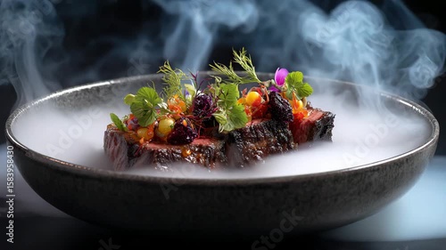 Smoked meat dish artfully arranged on a dark gray bowl, garnished with colorful berries and herbs, emitting a light smoke. Dark background, close up shot.