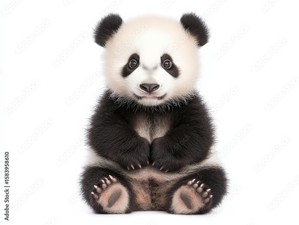 Fototapeta premium A cute baby panda sitting with its paws folded, looking directly at the camera against a white background.