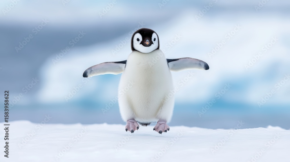 Fototapeta premium A young penguin standing on snow with wings outstretched in a cold, icy environment.